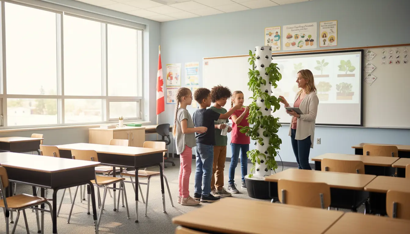 Students learning with a vertical aeroponic growing tower in a modern classroom.