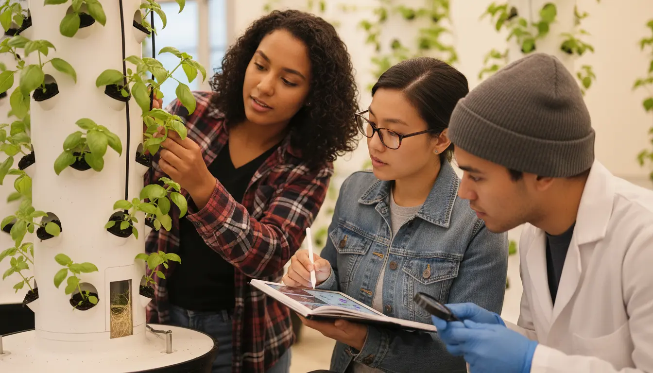 Students observing plant growth on a vertical aeroponic tower during a hands-on sustainability lesson.
