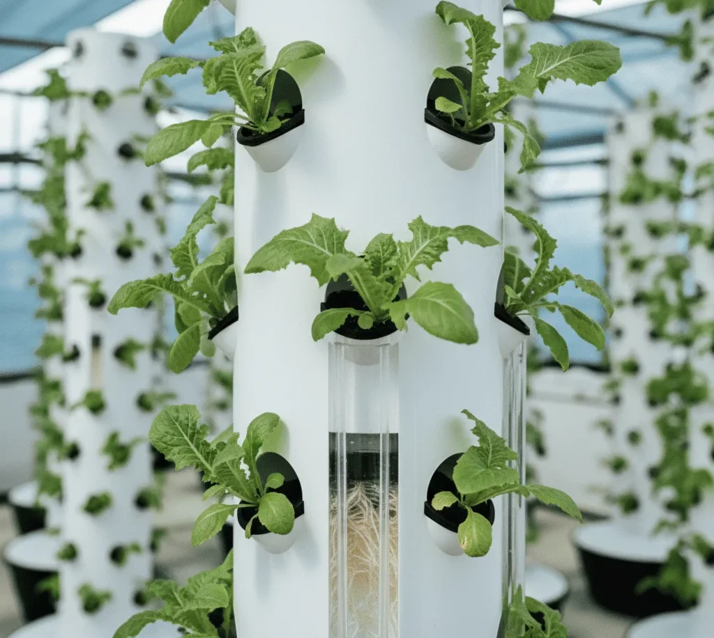 Close-up view of hydroponic plant sites on a commercial vertical growing tower.