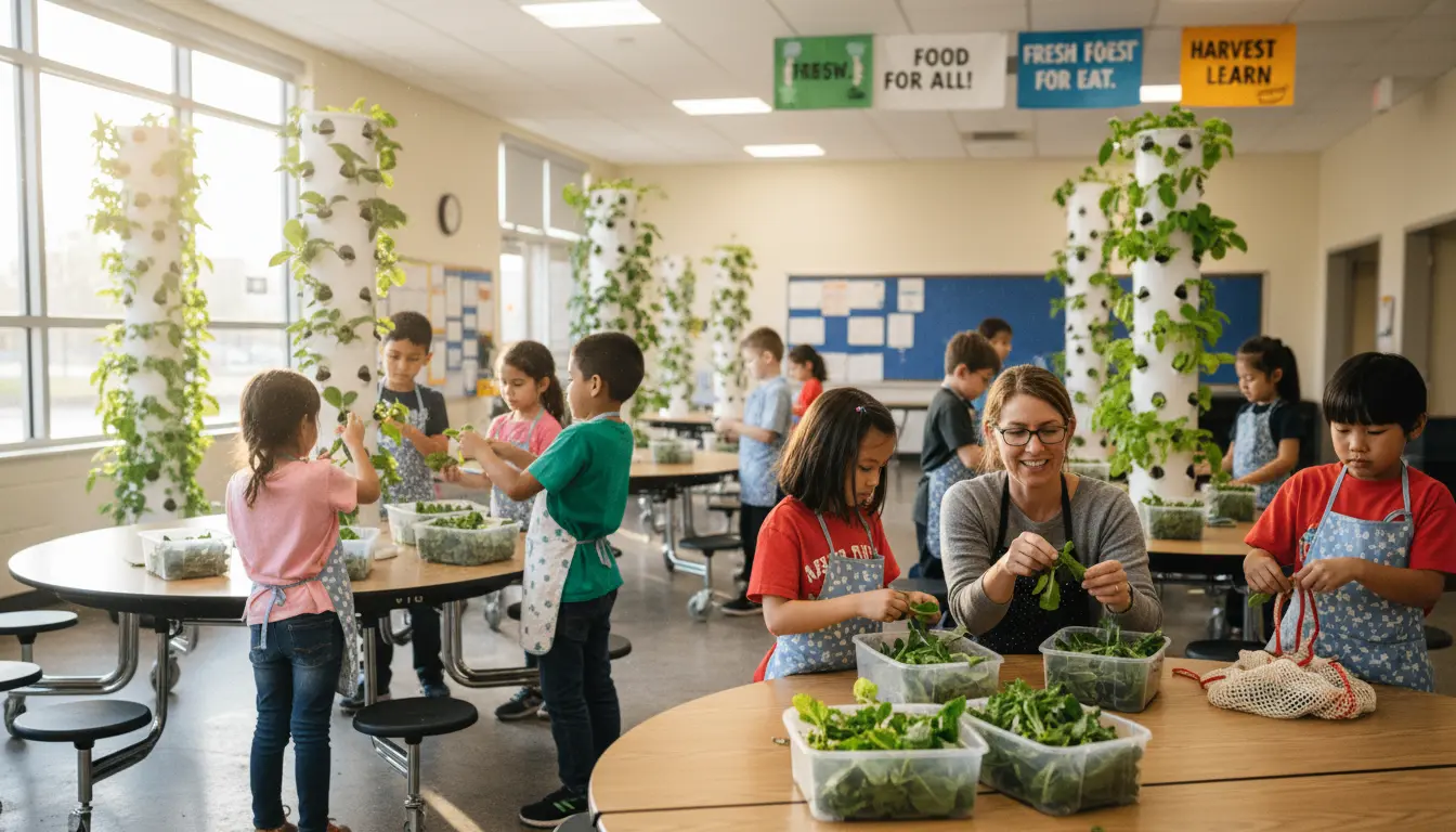 Students harvesting fresh greens from a vertical growing system for school meal programs.