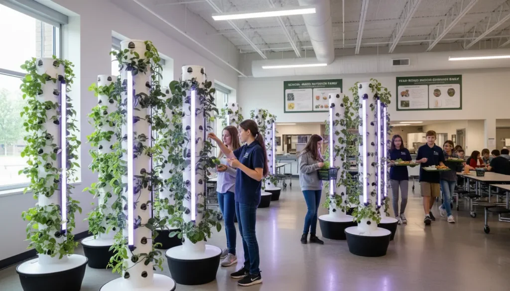 Indoor school nutrition farm with vertical aeroponic towers producing fresh greens.