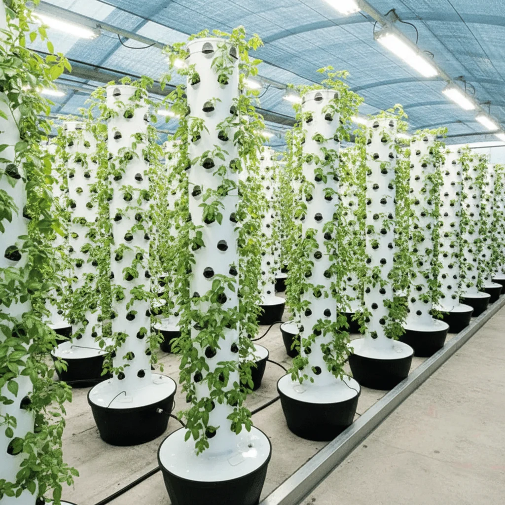 Multiple commercial vertical growing towers arranged in rows inside an indoor farm.