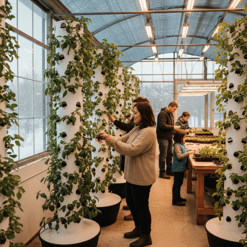 Indigenous community-led greenhouse with multiple vertical growing towers producing fresh vegetables.