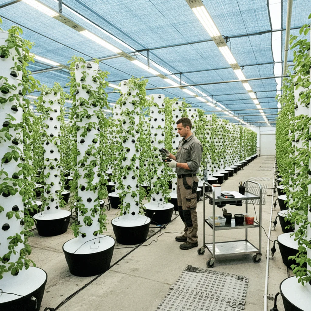 Commercial grower managing vertical hydroponic towers inside an indoor farm in Canada.