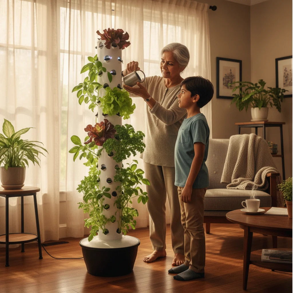 Indigenous Elder and youth tending to a vertical Home Tower garden inside a community space.