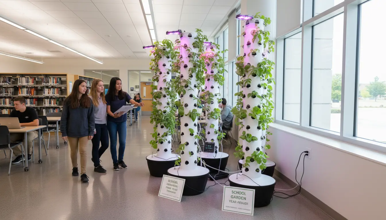 Vertical farming towers operating in a school hallway as part of a nutrition farm program.