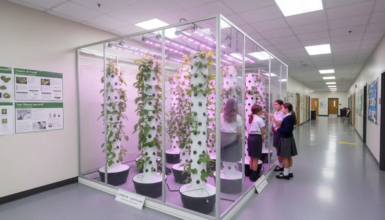 Indoor micro farm with multiple vertical growing towers inside a school setting.